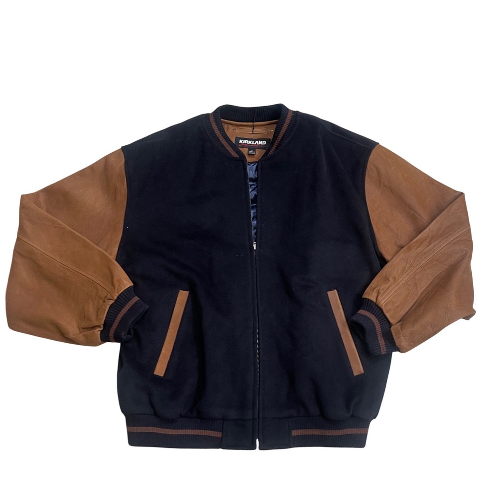 Kirkland NWT Mens Wool Leather Baseball Varsity Jacket Navy Brown Large NWT LG